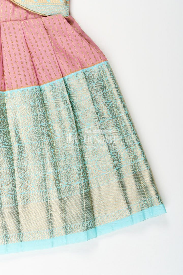 The Nesavu Girls Kanchi Silk Frock Girls Semi Kanchivaram Silk Frock in Maroon with Jacket Nesavu Nesavu girls maroon semi Kanchivaram silk frock with mint green brocade jacket