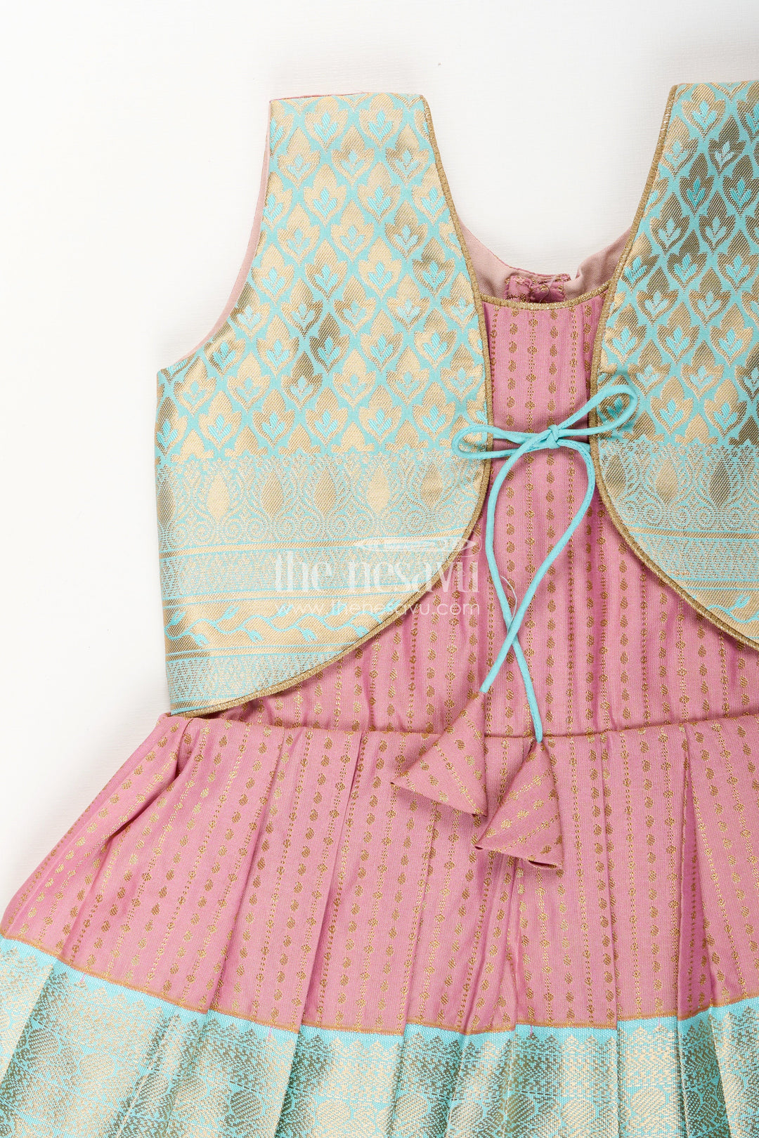 The Nesavu Girls Kanchi Silk Frock Girls Semi Kanchivaram Silk Frock in Maroon with Jacket Nesavu Nesavu girls maroon semi Kanchivaram silk frock with mint green brocade jacket