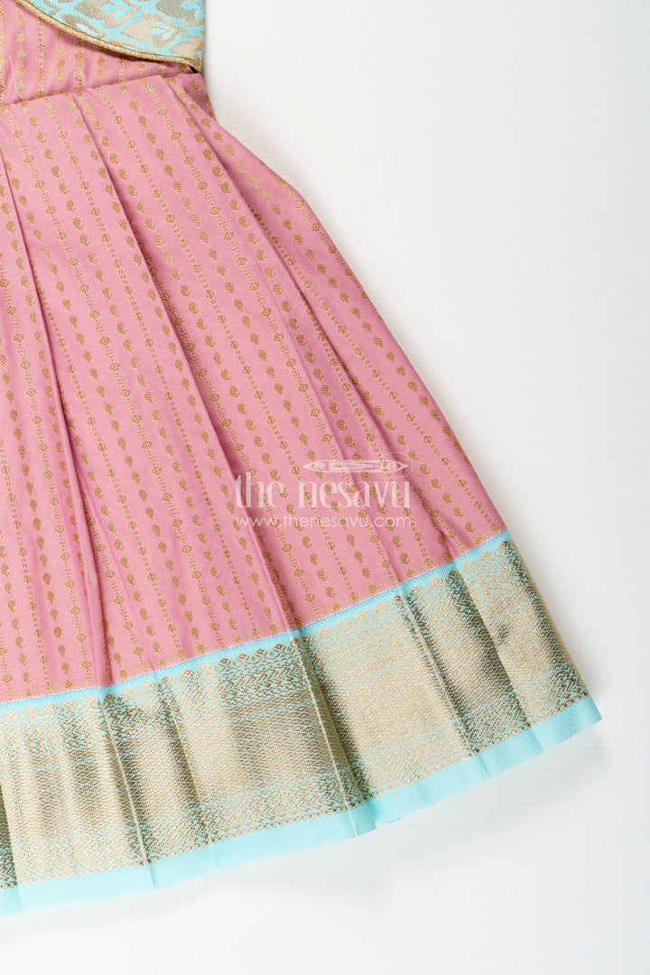 The Nesavu Girls Kanchi Silk Frock Girls Semi Kanchivaram Silk Frock in Maroon with Jacket Nesavu Nesavu girls maroon semi Kanchivaram silk frock with mint green brocade jacket