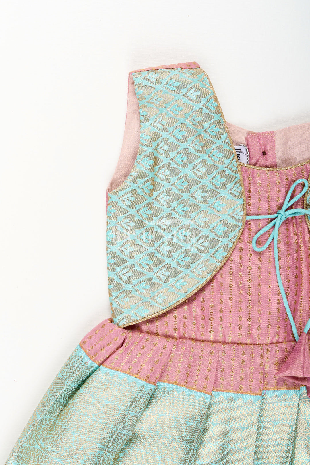 The Nesavu Girls Kanchi Silk Frock Girls Semi Kanchivaram Silk Frock in Maroon with Jacket Nesavu Nesavu girls maroon semi Kanchivaram silk frock with mint green brocade jacket