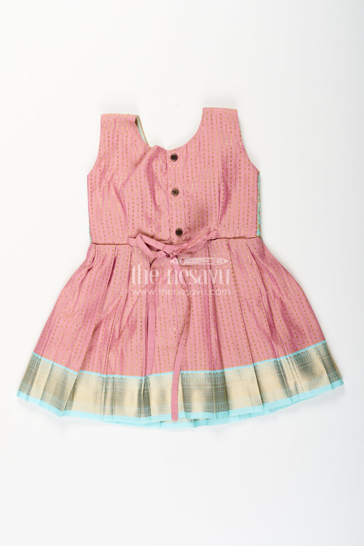 The Nesavu Girls Kanchi Silk Frock Girls Semi Kanchivaram Silk Frock in Maroon with Jacket Nesavu Nesavu girls maroon semi Kanchivaram silk frock with mint green brocade jacket