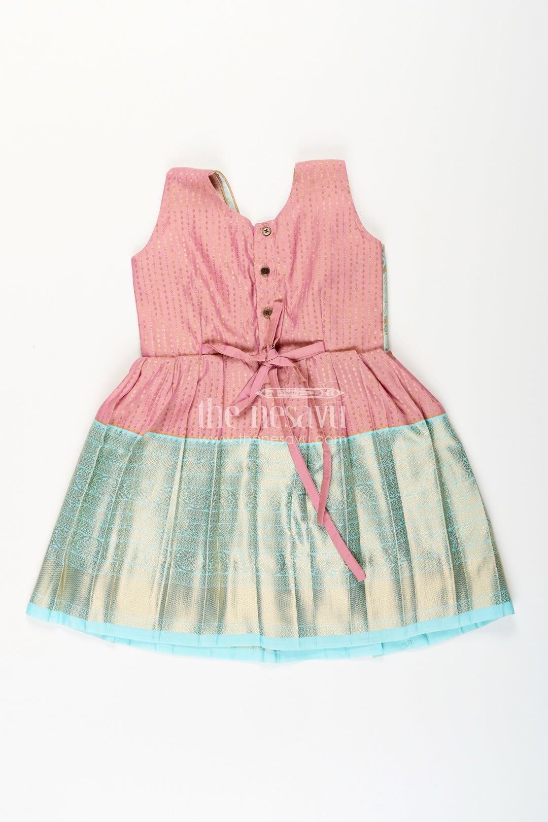 The Nesavu Girls Kanchi Silk Frock Girls Semi Kanchivaram Silk Frock in Maroon with Jacket Nesavu Nesavu girls maroon semi Kanchivaram silk frock with mint green brocade jacket