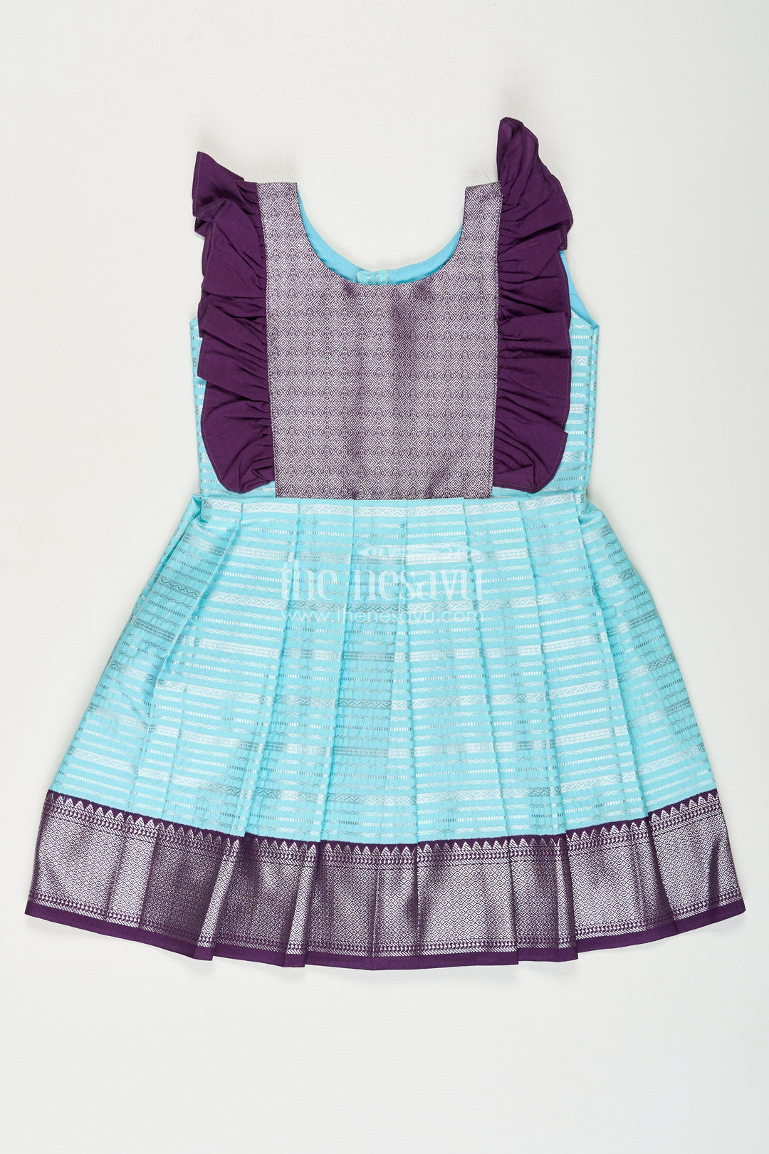 The Nesavu Girls Kanchi Silk Frock Girls Semi Kanchivaram Silk Frock with Layered Puff Sleeves and Contrast Borders in Pleated Dress Style Nesavu 18 (2Y) / Blue / Style 2 SF994AB-18 Nesavu Girls pleated dress Style Kanchi Silk Frock with Aqua Green Pleats and Purple Zari Borders