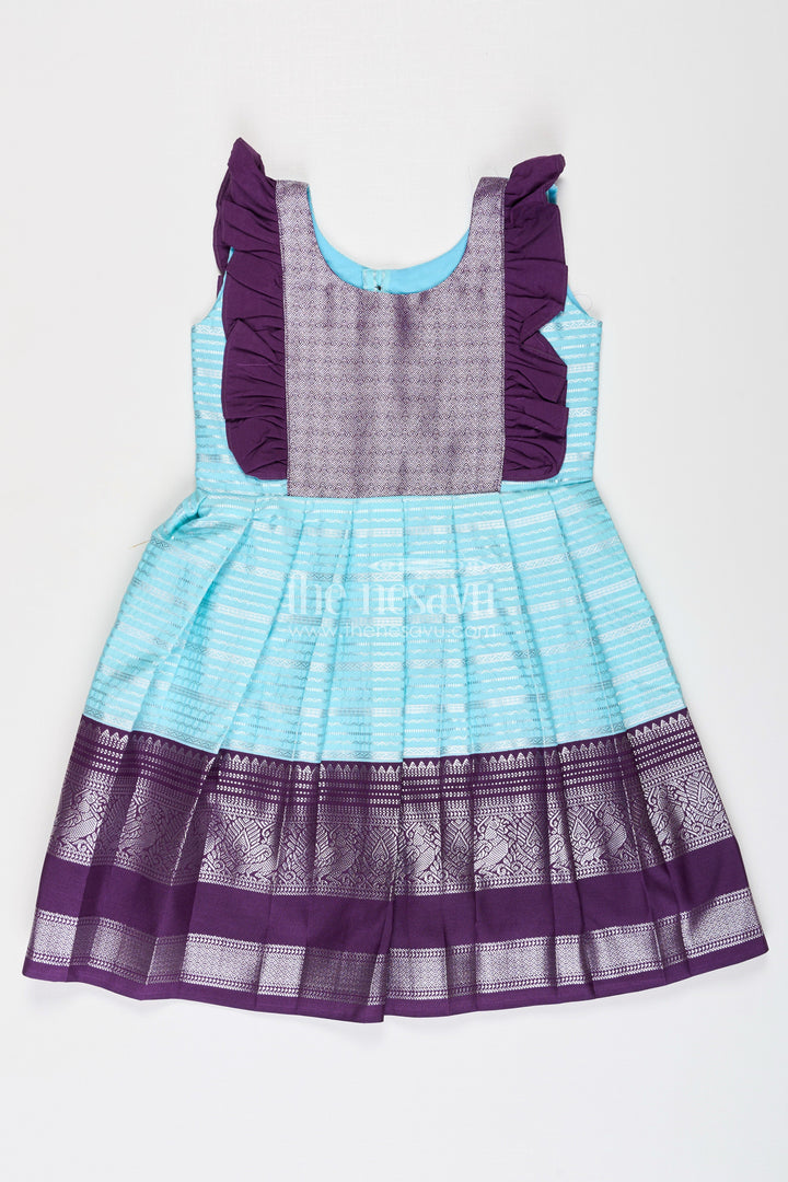 The Nesavu Girls Kanchi Silk Frock Girls Semi Kanchivaram Silk Frock with Layered Puff Sleeves and Contrast Borders in Pleated Dress Style Nesavu 20 (3Y) / Blue / Style 1 SF994AA-20 Nesavu Girls pleated dress Style Kanchi Silk Frock with Aqua Green Pleats and Purple Zari Borders