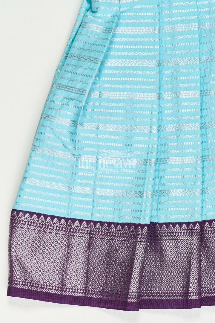 The Nesavu Girls Kanchi Silk Frock Girls Semi Kanchivaram Silk Frock with Layered Puff Sleeves and Contrast Borders in Pleated Dress Style Nesavu Nesavu Girls pleated dress Style Kanchi Silk Frock with Aqua Green Pleats and Purple Zari Borders