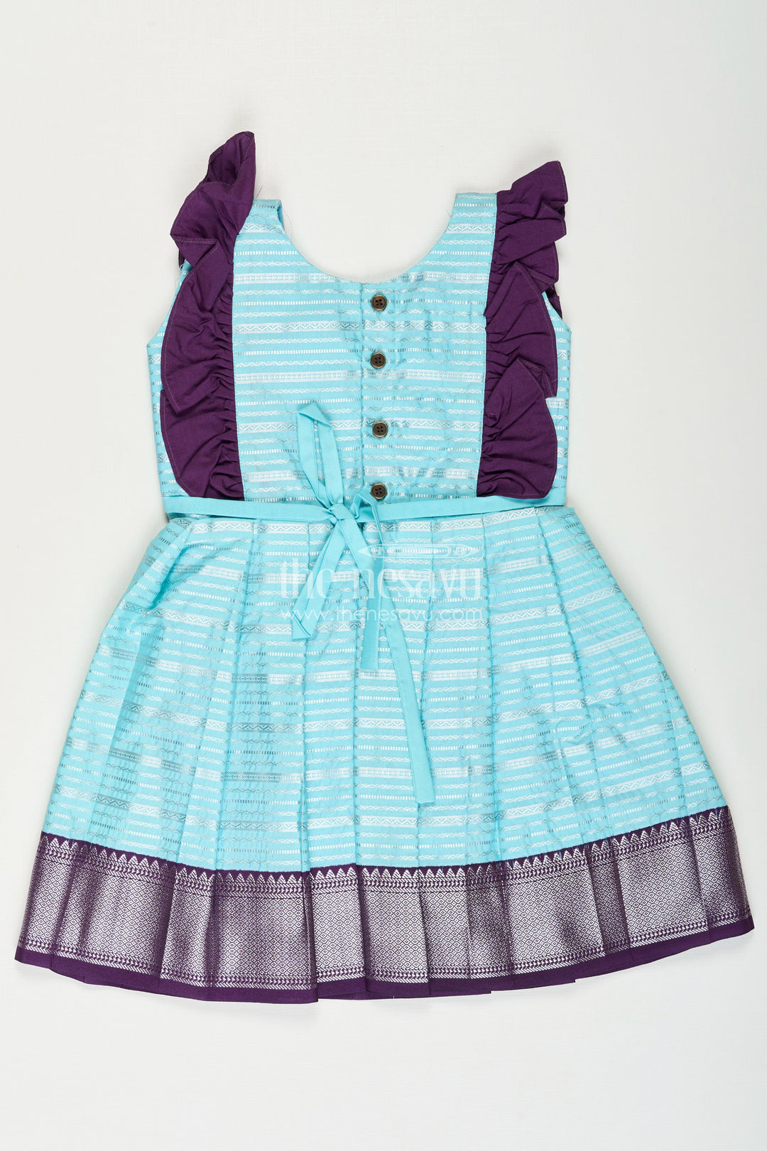 The Nesavu Girls Kanchi Silk Frock Girls Semi Kanchivaram Silk Frock with Layered Puff Sleeves and Contrast Borders in Pleated Dress Style Nesavu Nesavu Girls pleated dress Style Kanchi Silk Frock with Aqua Green Pleats and Purple Zari Borders