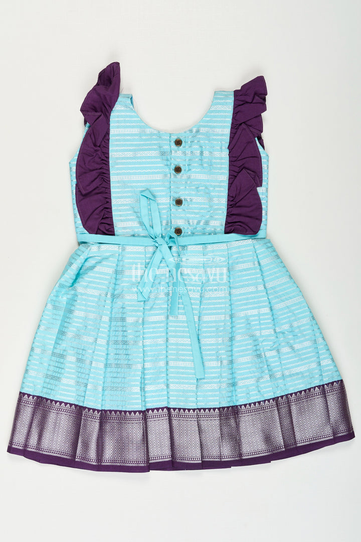 The Nesavu Girls Kanchi Silk Frock Girls Semi Kanchivaram Silk Frock with Layered Puff Sleeves and Contrast Borders in Pleated Dress Style Nesavu Nesavu Girls pleated dress Style Kanchi Silk Frock with Aqua Green Pleats and Purple Zari Borders