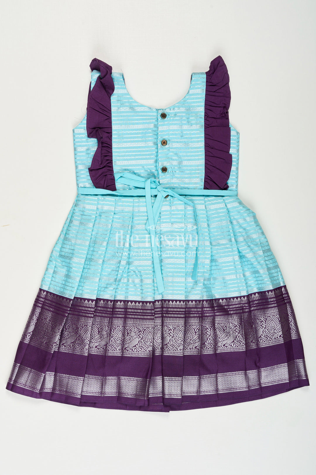 The Nesavu Girls Kanchi Silk Frock Girls Semi Kanchivaram Silk Frock with Layered Puff Sleeves and Contrast Borders in Pleated Dress Style Nesavu Nesavu Girls pleated dress Style Kanchi Silk Frock with Aqua Green Pleats and Purple Zari Borders