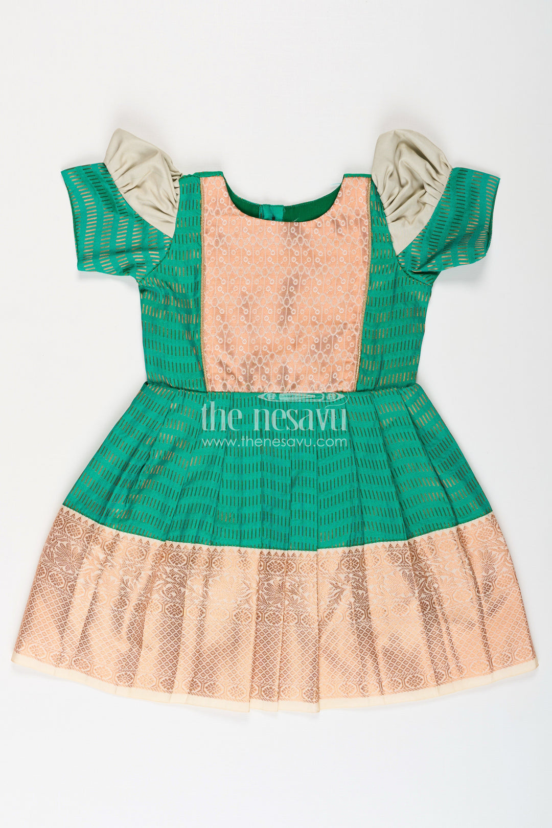 The Nesavu Girls Kanchi Silk Frock Girls Semi Kanchivaram Silk Frock with Puff Sleeves and Golden Zari Weave in Silk Green Design Nesavu 18 (2Y) / Green / Style 1 SF996BA-18 Nesavu Girls Semi Kanchivaram Silk Frock in silk green Design with Zari Borders and Puff Sleeves