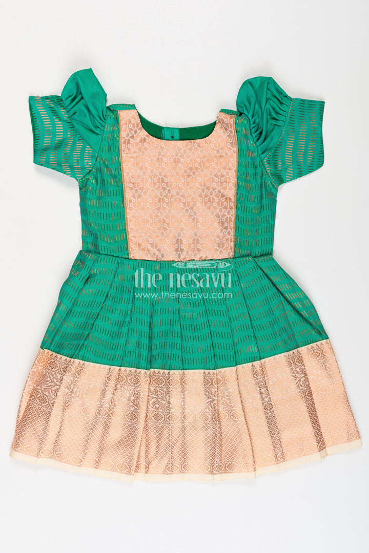 The Nesavu Girls Kanchi Silk Frock Girls Semi Kanchivaram Silk Frock with Puff Sleeves and Golden Zari Weave in Silk Green Design Nesavu 18 (2Y) / Green / Style 3 SF996BC-18 Nesavu Girls Semi Kanchivaram Silk Frock in silk green Design with Zari Borders and Puff Sleeves