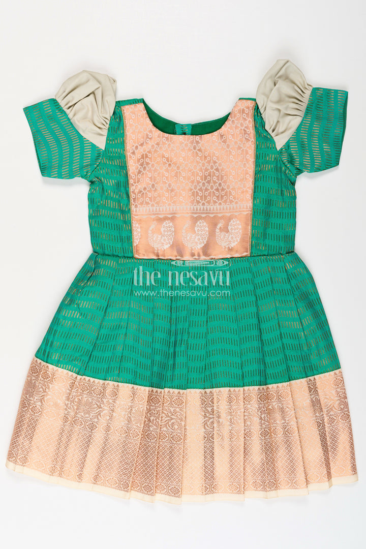 The Nesavu Girls Kanchi Silk Frock Girls Semi Kanchivaram Silk Frock with Puff Sleeves and Golden Zari Weave in Silk Green Design Nesavu 20 (3Y) / Green / Style 2 SF996BB-20 Nesavu Girls Semi Kanchivaram Silk Frock in silk green Design with Zari Borders and Puff Sleeves