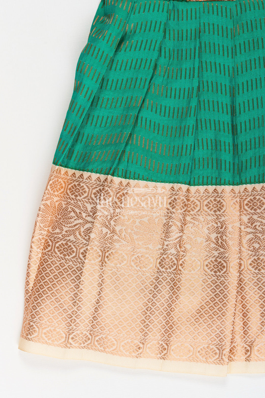 The Nesavu Girls Kanchi Silk Frock Girls Semi Kanchivaram Silk Frock with Puff Sleeves and Golden Zari Weave in Silk Green Design Nesavu Nesavu Girls Semi Kanchivaram Silk Frock in silk green Design with Zari Borders and Puff Sleeves