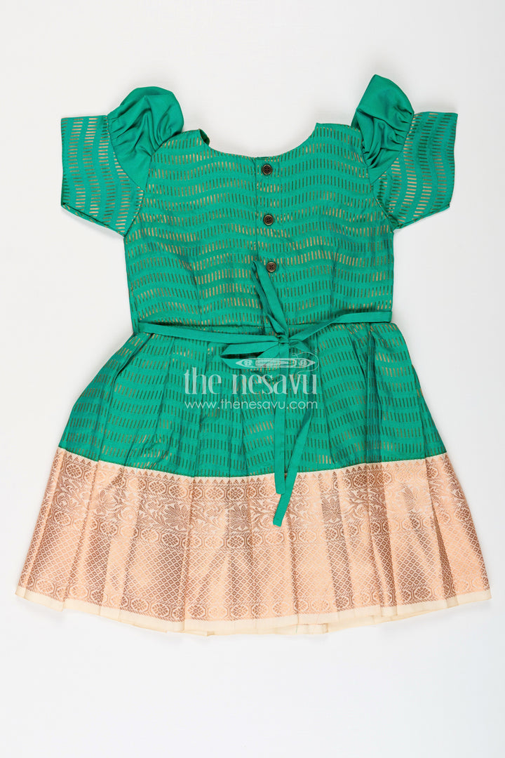The Nesavu Girls Kanchi Silk Frock Girls Semi Kanchivaram Silk Frock with Puff Sleeves and Golden Zari Weave in Silk Green Design Nesavu Nesavu Girls Semi Kanchivaram Silk Frock in silk green Design with Zari Borders and Puff Sleeves