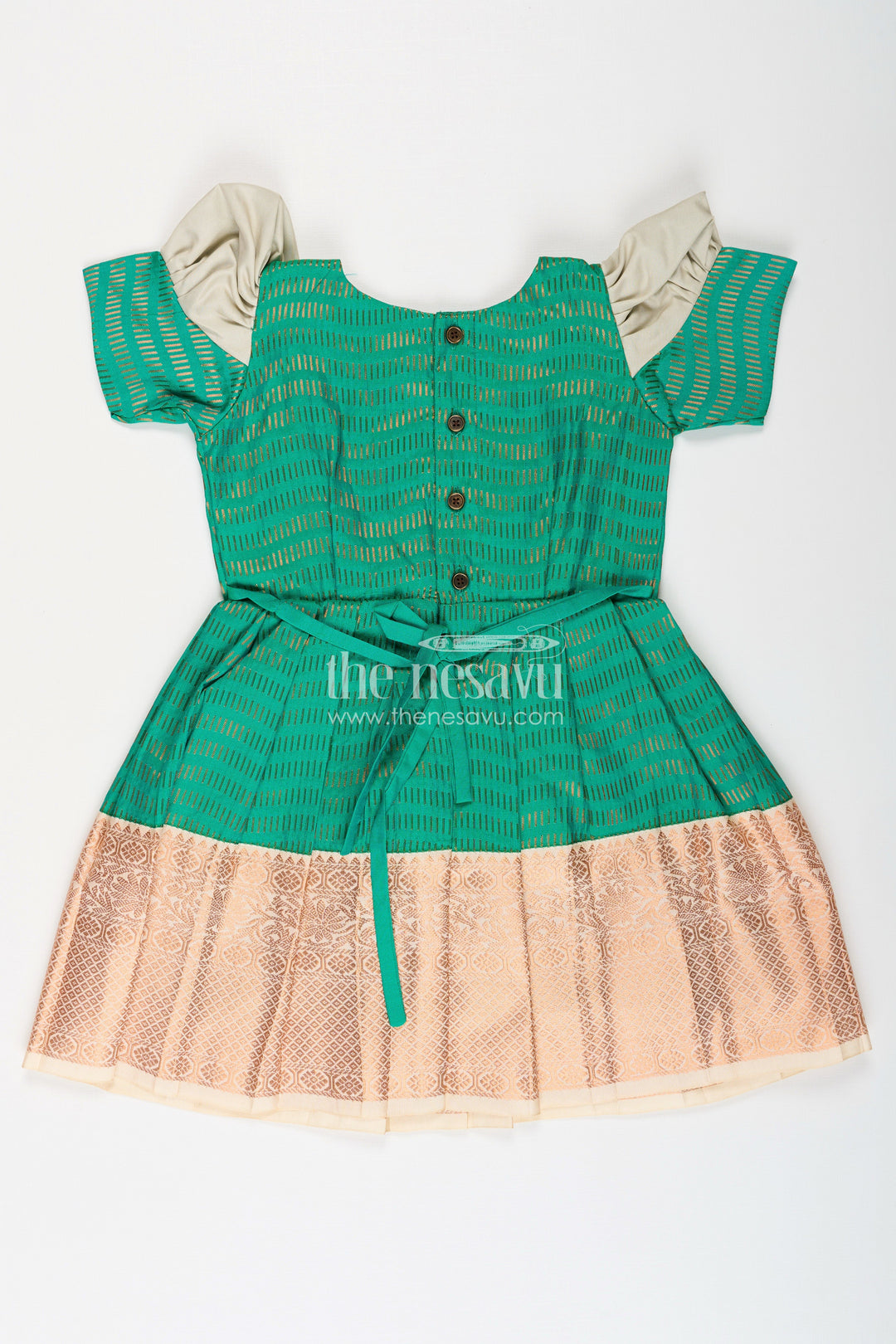 The Nesavu Girls Kanchi Silk Frock Girls Semi Kanchivaram Silk Frock with Puff Sleeves and Golden Zari Weave in Silk Green Design Nesavu Nesavu Girls Semi Kanchivaram Silk Frock in silk green Design with Zari Borders and Puff Sleeves