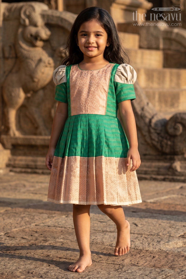The Nesavu Girls Kanchi Silk Frock Girls Semi Kanchivaram Silk Frock with Puff Sleeves and Golden Zari Weave in Silk Green Design Nesavu Nesavu Girls Semi Kanchivaram Silk Frock in silk green Design with Zari Borders and Puff Sleeves