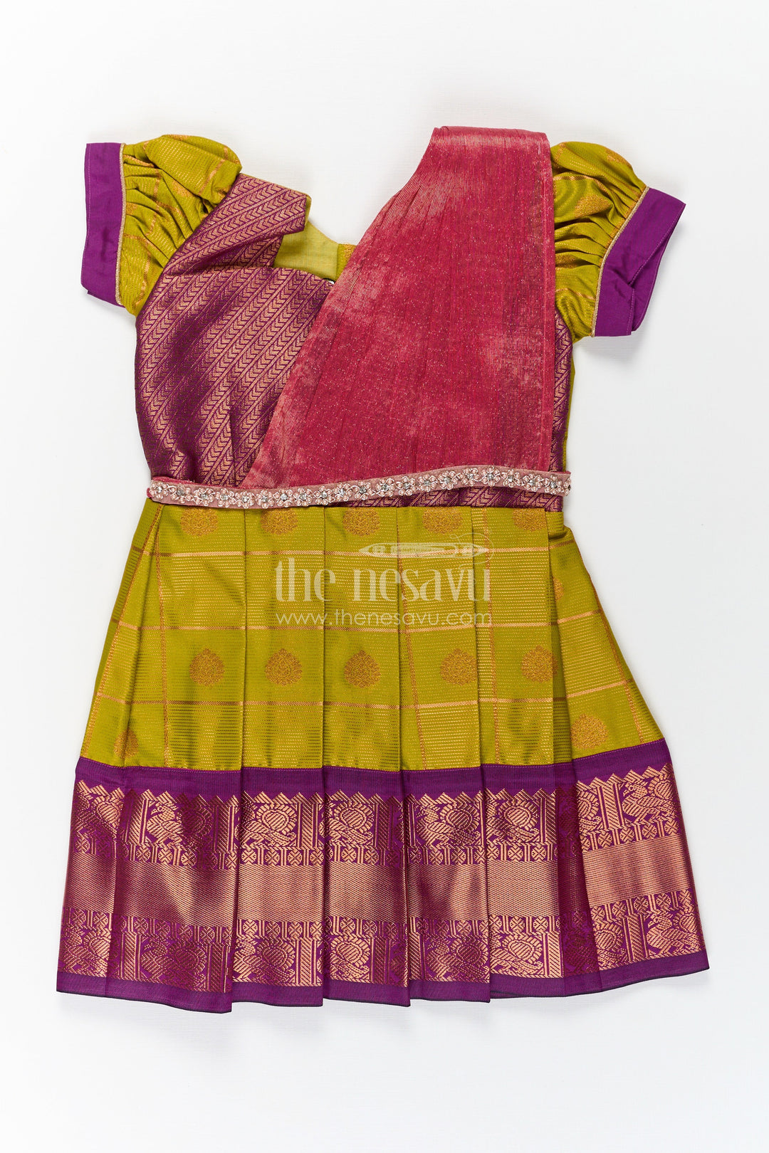 The Nesavu Girls Kanchi Silk Frock Girls Semi Kanchivaram Silk Frock with Stone Golden Lace Design and Contrasting Maroon Dupatta Nesavu 16 (1Y) / Green / Style 1 SF856AA-16 Nesavu Girls Semi Kanchivaram Silk Frock with Stone Golden Lace Design and Contrast Purple Zari Border