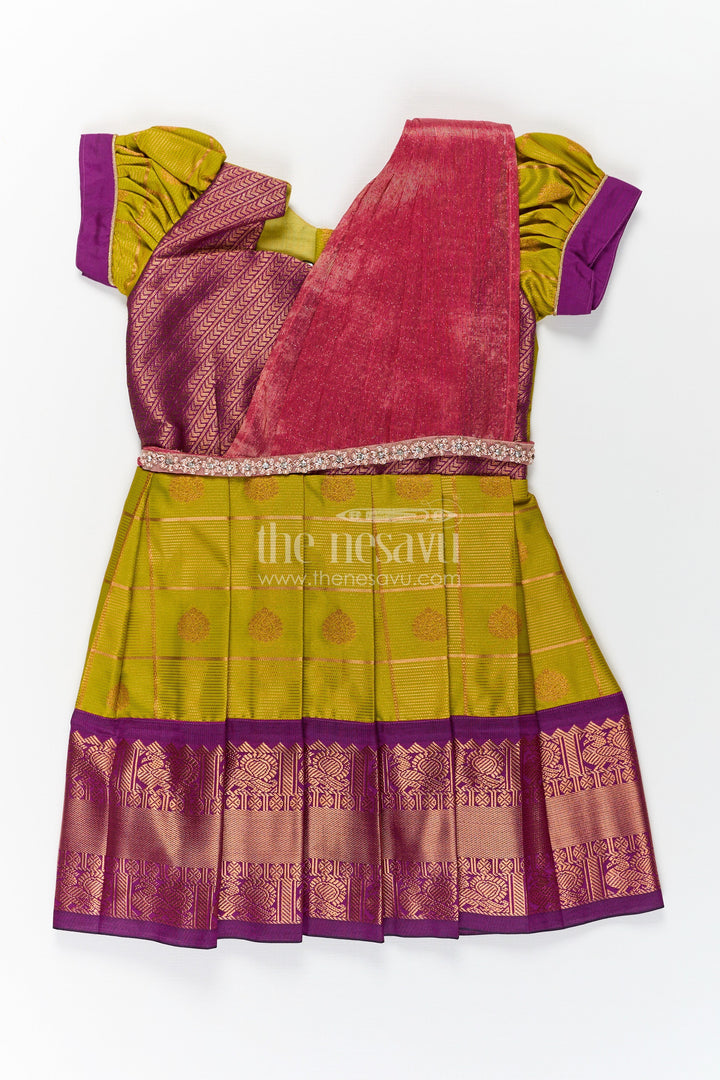 The Nesavu Girls Kanchi Silk Frock Girls Semi Kanchivaram Silk Frock with Stone Golden Lace Design and Contrasting Maroon Dupatta Nesavu 16 (1Y) / Green / Style 1 SF856AA-16 Nesavu Girls Semi Kanchivaram Silk Frock with Stone Golden Lace Design and Contrast Purple Zari Border