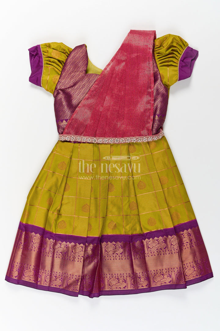 The Nesavu Girls Kanchi Silk Frock Girls Semi Kanchivaram Silk Frock with Stone Golden Lace Design and Contrasting Maroon Dupatta Nesavu 20 (3Y) / Green / Style 2 SF856AB-20 Girls Semi Kanchivaram Silk Frock with Stone Golden Lace Design and Contrast Purple Zari Border | The Nesavu