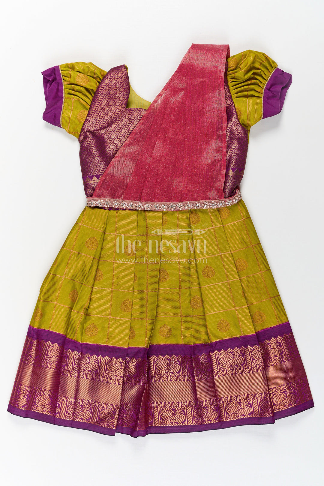 The Nesavu Girls Kanchi Silk Frock Girls Semi Kanchivaram Silk Frock with Stone Golden Lace Design and Contrasting Maroon Dupatta Nesavu 20 (3Y) / Green / Style 2 SF856AB-20 Nesavu Girls Semi Kanchivaram Silk Frock with Stone Golden Lace Design and Contrast Purple Zari Border