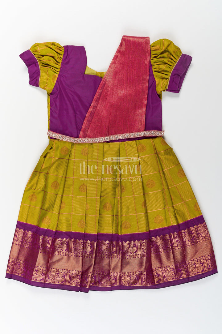 The Nesavu Girls Kanchi Silk Frock Girls Semi Kanchivaram Silk Frock with Stone Golden Lace Design and Contrasting Maroon Dupatta Nesavu 22 (4Y) / Green / Style 3 SF856AC-22 Girls Semi Kanchivaram Silk Frock with Stone Golden Lace Design and Contrast Purple Zari Border | The Nesavu