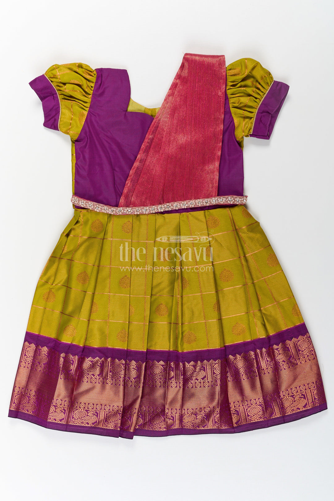 The Nesavu Girls Kanchi Silk Frock Girls Semi Kanchivaram Silk Frock with Stone Golden Lace Design and Contrasting Maroon Dupatta Nesavu 22 (4Y) / Green / Style 3 SF856AC-22 Nesavu Girls Semi Kanchivaram Silk Frock with Stone Golden Lace Design and Contrast Purple Zari Border