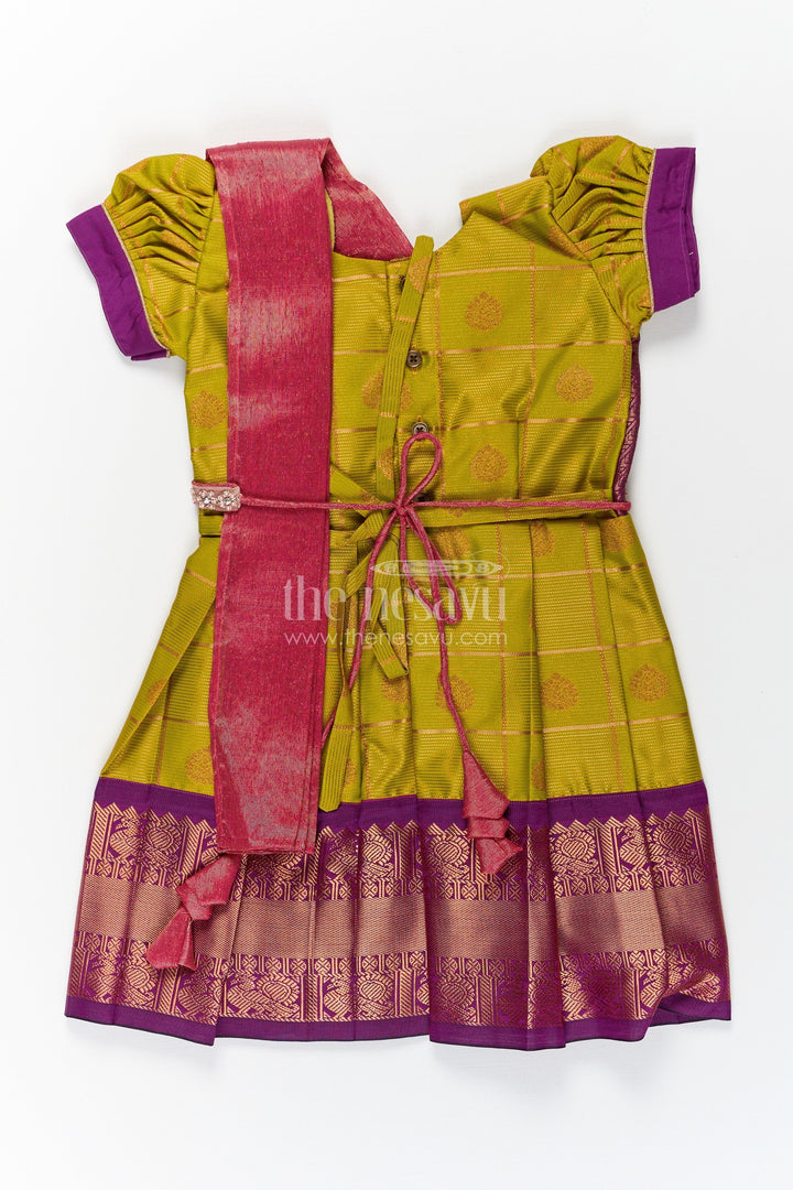 The Nesavu Girls Kanchi Silk Frock Girls Semi Kanchivaram Silk Frock with Stone Golden Lace Design and Contrasting Maroon Dupatta Nesavu Girls Semi Kanchivaram Silk Frock with Stone Golden Lace Design and Contrast Purple Zari Border | The Nesavu