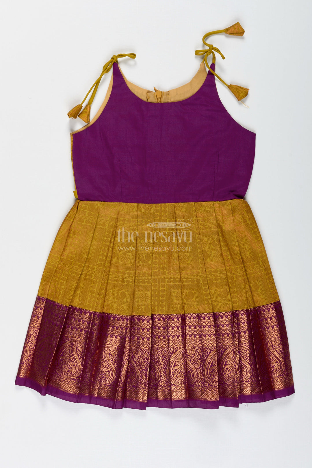 The Nesavu Girls Kanchi Silk Frock Girls Semi Kanchivaram Silk Long Frocks Designs in Maroon and Mustard with Tie-Up Tassel Straps and Pleated Skirt Nesavu 20 (3Y) / Purple / Style 3 SF833BC-20 Nesavu Girls Semi Kanchivaram Silk Long Frocks Designs with Tassel Tie Straps and Mustard Pleated Skirt