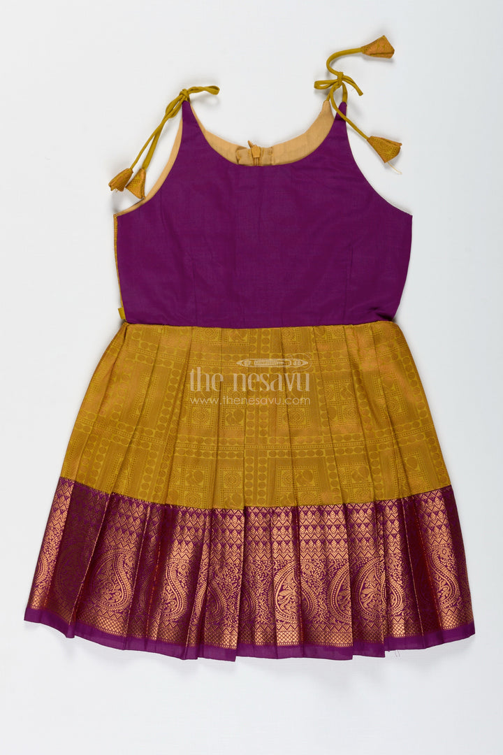 The Nesavu Girls Kanchi Silk Frock Girls Semi Kanchivaram Silk Long Frocks Designs in Maroon and Mustard with Tie-Up Tassel Straps and Pleated Skirt Nesavu 20 (3Y) / Purple / Style 3 SF833BC-20 Nesavu Girls Semi Kanchivaram Silk Long Frocks Designs with Tassel Tie Straps and Mustard Pleated Skirt