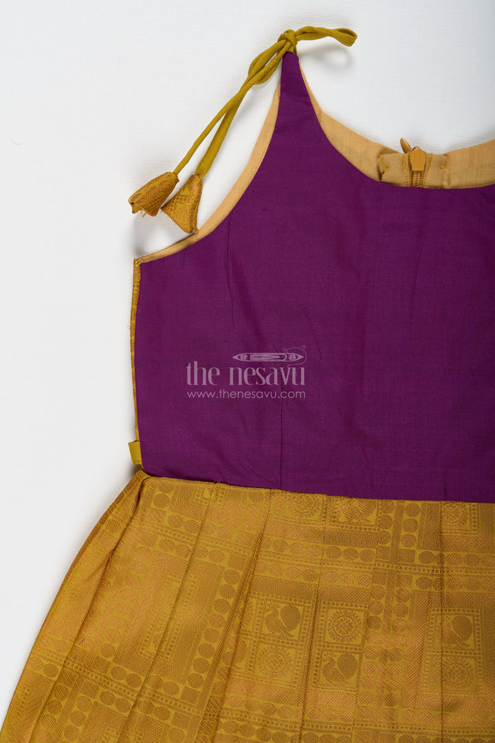 The Nesavu Girls Kanchi Silk Frock Girls Semi Kanchivaram Silk Long Frocks Designs in Maroon and Mustard with Tie-Up Tassel Straps and Pleated Skirt Nesavu Nesavu Girls Semi Kanchivaram Silk Long Frocks Designs with Tassel Tie Straps and Mustard Pleated Skirt