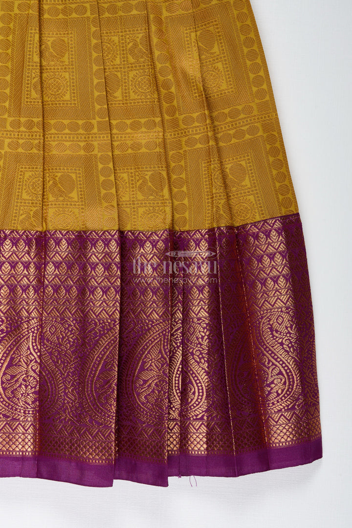 The Nesavu Girls Kanchi Silk Frock Girls Semi Kanchivaram Silk Long Frocks Designs in Maroon and Mustard with Tie-Up Tassel Straps and Pleated Skirt Nesavu Nesavu Girls Semi Kanchivaram Silk Long Frocks Designs with Tassel Tie Straps and Mustard Pleated Skirt