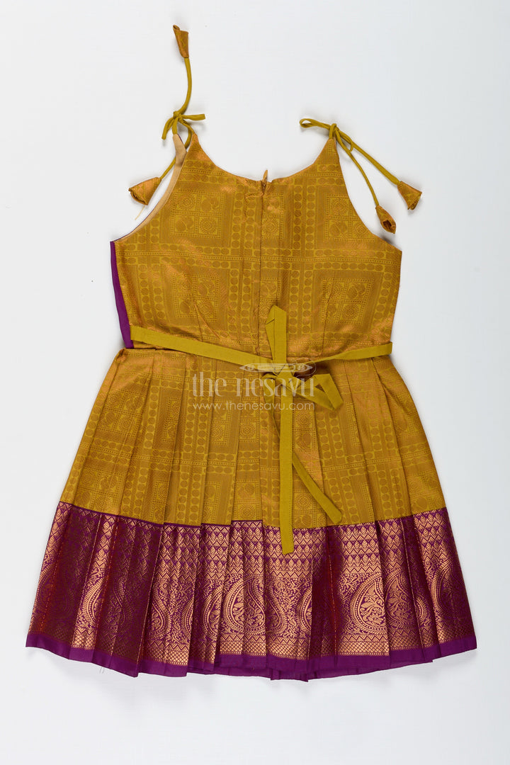 The Nesavu Girls Kanchi Silk Frock Girls Semi Kanchivaram Silk Long Frocks Designs in Maroon and Mustard with Tie-Up Tassel Straps and Pleated Skirt Nesavu Nesavu Girls Semi Kanchivaram Silk Long Frocks Designs with Tassel Tie Straps and Mustard Pleated Skirt