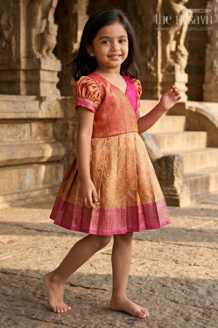 The Nesavu Silk Frock Girls Semi Silk Dress Frock Silk with Pin-Tuck Yoke and Rich Orange Gold Pleated Skirt Nesavu 18 (2Y) / Orange SF1017B-18 Nesavu Girls Semi Silk Dress Frock Silk Orange Gold Pleats Magenta Pin-Tuck Yoke