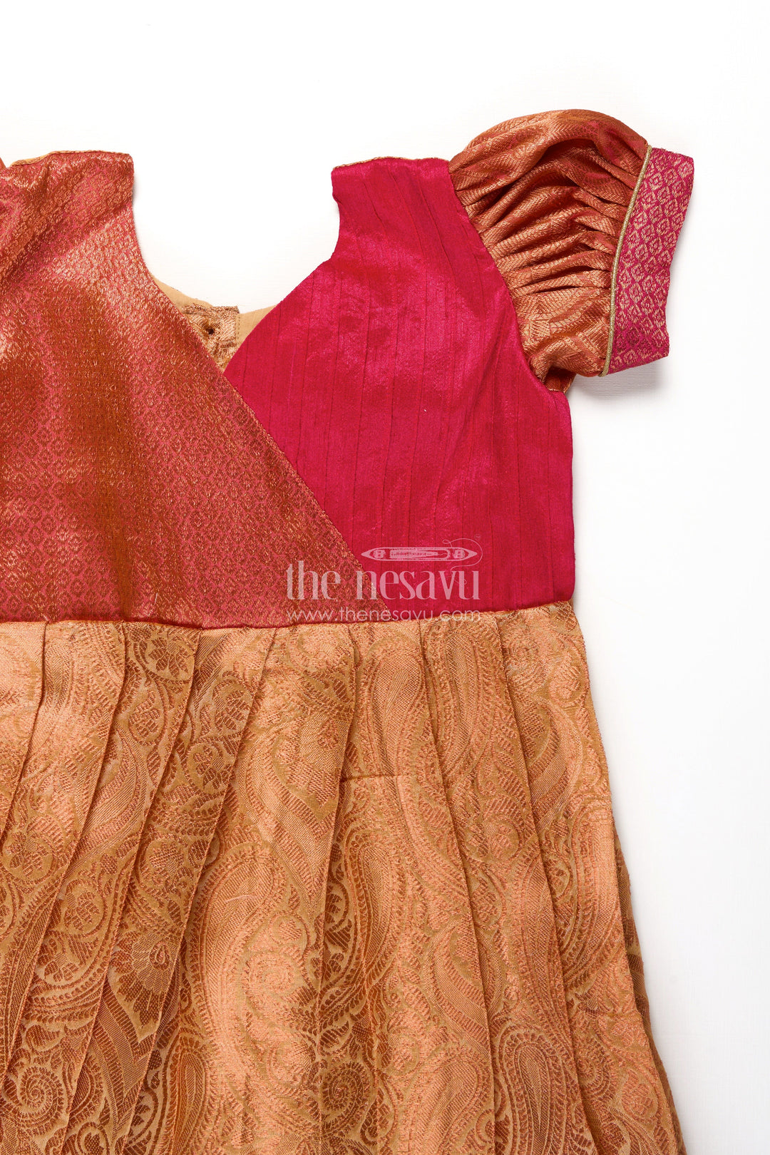 The Nesavu Silk Frock Girls Semi Silk Orange Colour Silk Frock with Pin-Tuck Yoke and Traditional Pleated Design Nesavu 20 (3Y) / Orange SF1017D-20 Nesavu Orange Colour Silk Frock Girls Pleated Woven Skirt Puff Sleeves