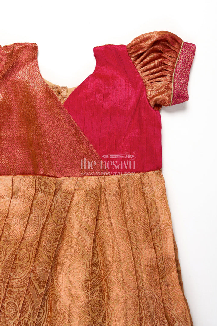 The Nesavu Silk Frock Girls Semi Silk Orange Colour Silk Frock with Pin-Tuck Yoke and Traditional Pleated Design Nesavu 20 (3Y) / Orange SF1017D-20 Nesavu Orange Colour Silk Frock Girls Pleated Woven Skirt Puff Sleeves