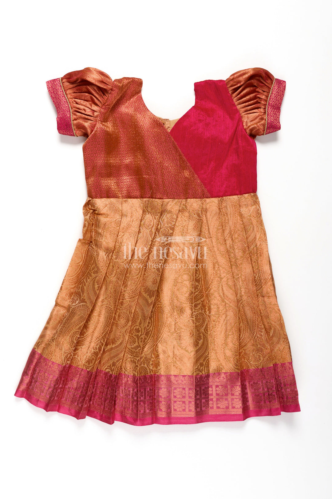 The Nesavu Silk Frock Girls Semi Silk Orange Colour Silk Frock with Pin-Tuck Yoke and Traditional Pleated Design Nesavu 20 (3Y) / Orange SF1017D-20 Nesavu Orange Colour Silk Frock Girls Pleated Woven Skirt Puff Sleeves