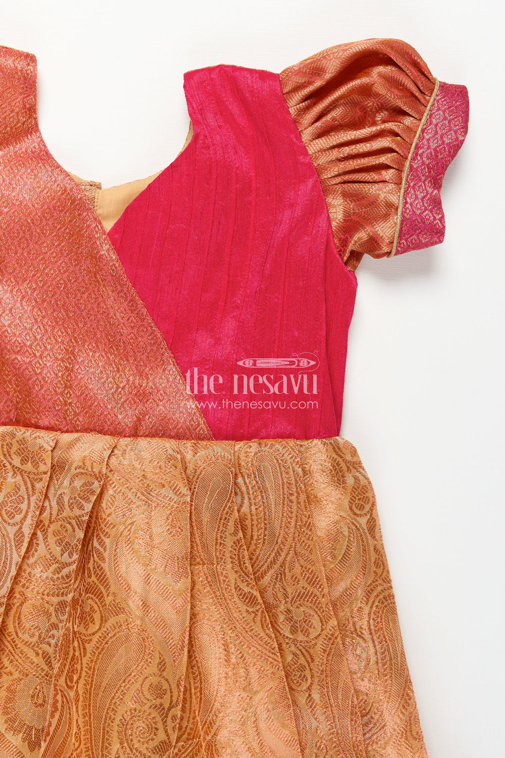 The Nesavu Silk Frock Girls Semi Silk Orange Colour Silk Frock with Pin-Tuck Yoke and Traditional Pleated Design Nesavu 20 (3Y) / Orange SF1017D-20 Nesavu Orange Colour Silk Frock Girls Pleated Woven Skirt Puff Sleeves