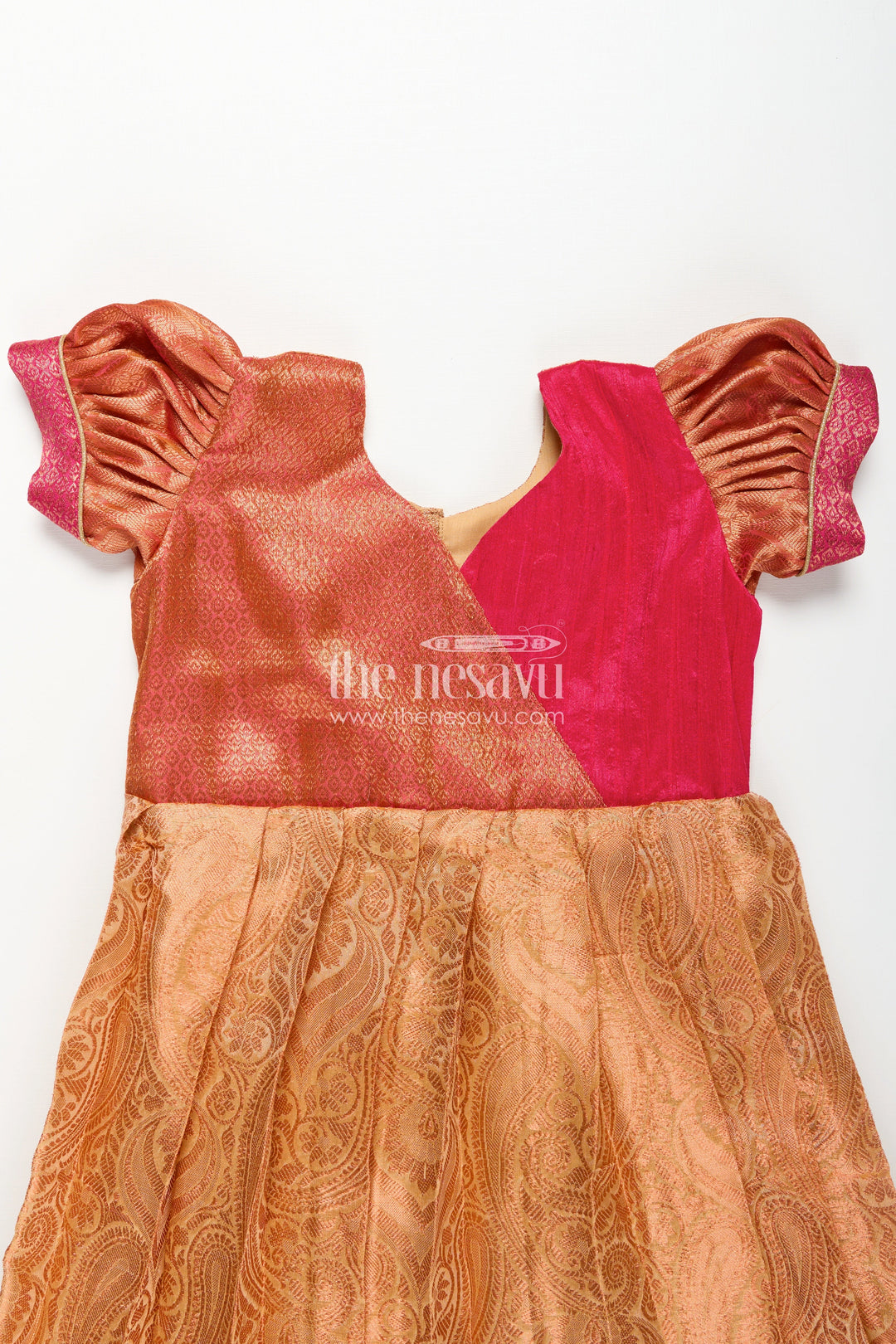 The Nesavu Silk Frock Girls Semi Silk Orange Colour Silk Frock with Pin-Tuck Yoke and Traditional Pleated Design Nesavu 20 (3Y) / Orange SF1017D-20 Nesavu Orange Colour Silk Frock Girls Pleated Woven Skirt Puff Sleeves