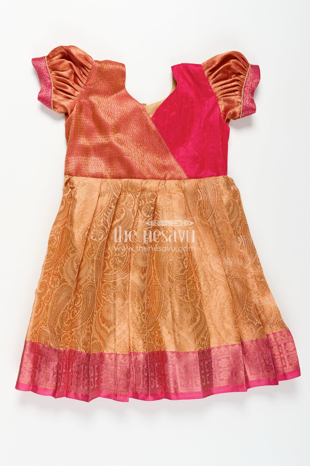 The Nesavu Silk Frock Girls Semi Silk Orange Colour Silk Frock with Pin-Tuck Yoke and Traditional Pleated Design Nesavu 20 (3Y) / Orange SF1017D-20 Nesavu Orange Colour Silk Frock Girls Pleated Woven Skirt Puff Sleeves