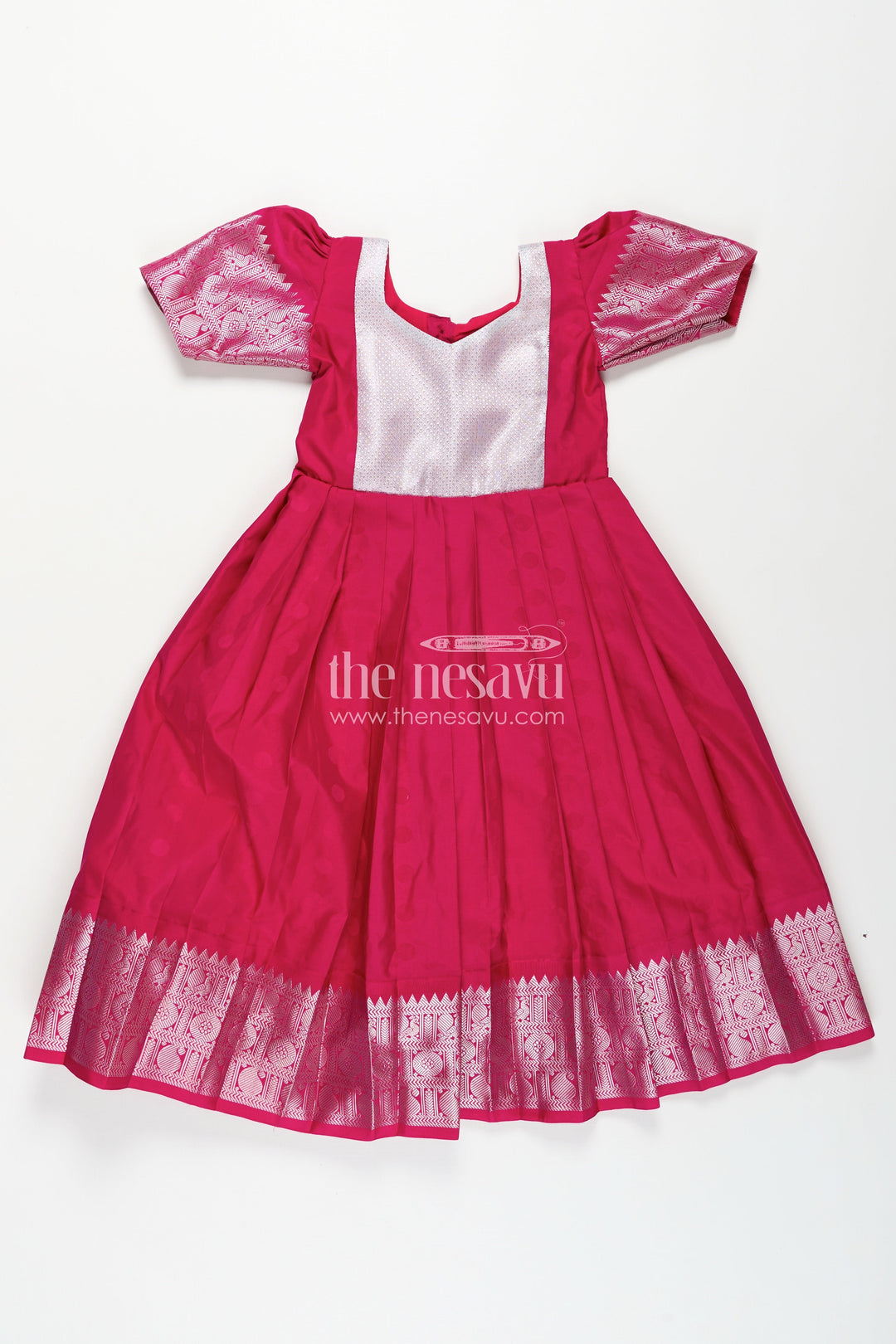 The Nesavu Girls Silk Gown Girls Semi Silk Pink Gown Design with Embellished Yoke and Traditional Zari Border Nesavu 16 (1Y) / Pink GA326A-16 Girls Semi Silk Pink Gown Design Silver Yoke Puff Sleeves Traditional Festivities | The Nesavu