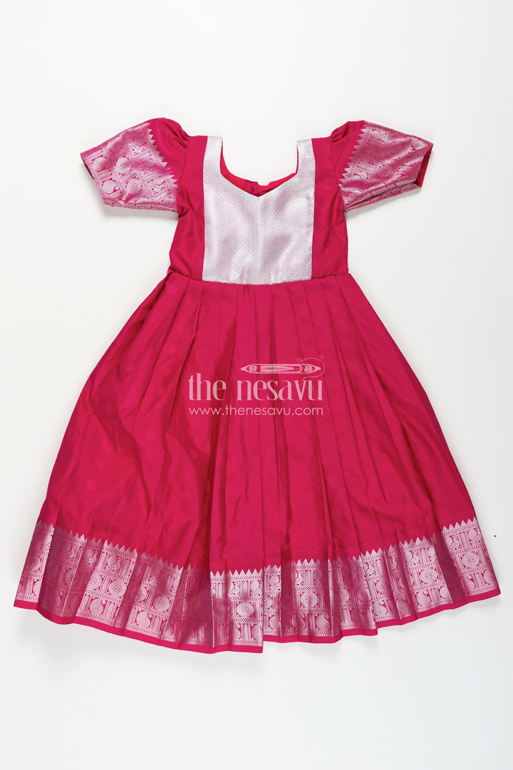 The Nesavu Girls Silk Gown Girls Semi Silk Pink Gown Design with Embellished Yoke and Traditional Zari Border Nesavu 16 (1Y) / Pink GA326A-16 Girls Semi Silk Pink Gown Design Silver Yoke Puff Sleeves Traditional Festivities | The Nesavu