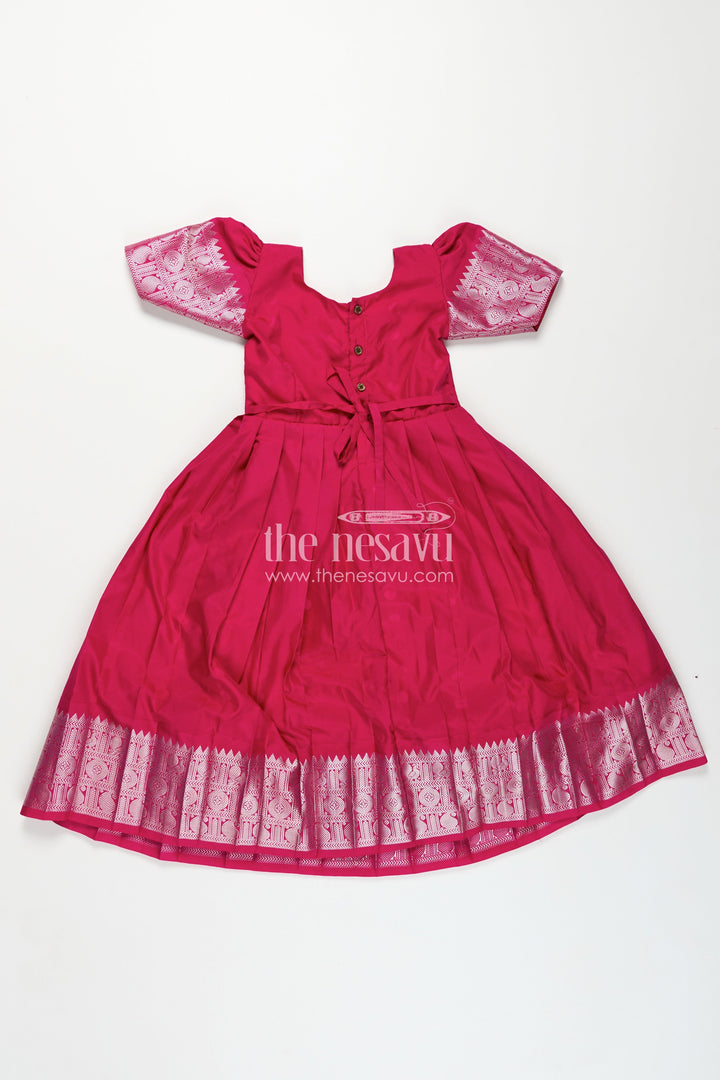 The Nesavu Girls Silk Gown Girls Semi Silk Pink Gown Design with Embellished Yoke and Traditional Zari Border Nesavu Girls Semi Silk Pink Gown Design Silver Yoke Puff Sleeves Traditional Festivities | The Nesavu