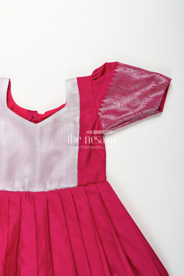 The Nesavu Girls Silk Gown Girls Semi Silk Pink Gown Design with Embellished Yoke and Traditional Zari Border Nesavu Girls Semi Silk Pink Gown Design Silver Yoke Puff Sleeves Traditional Festivities | The Nesavu