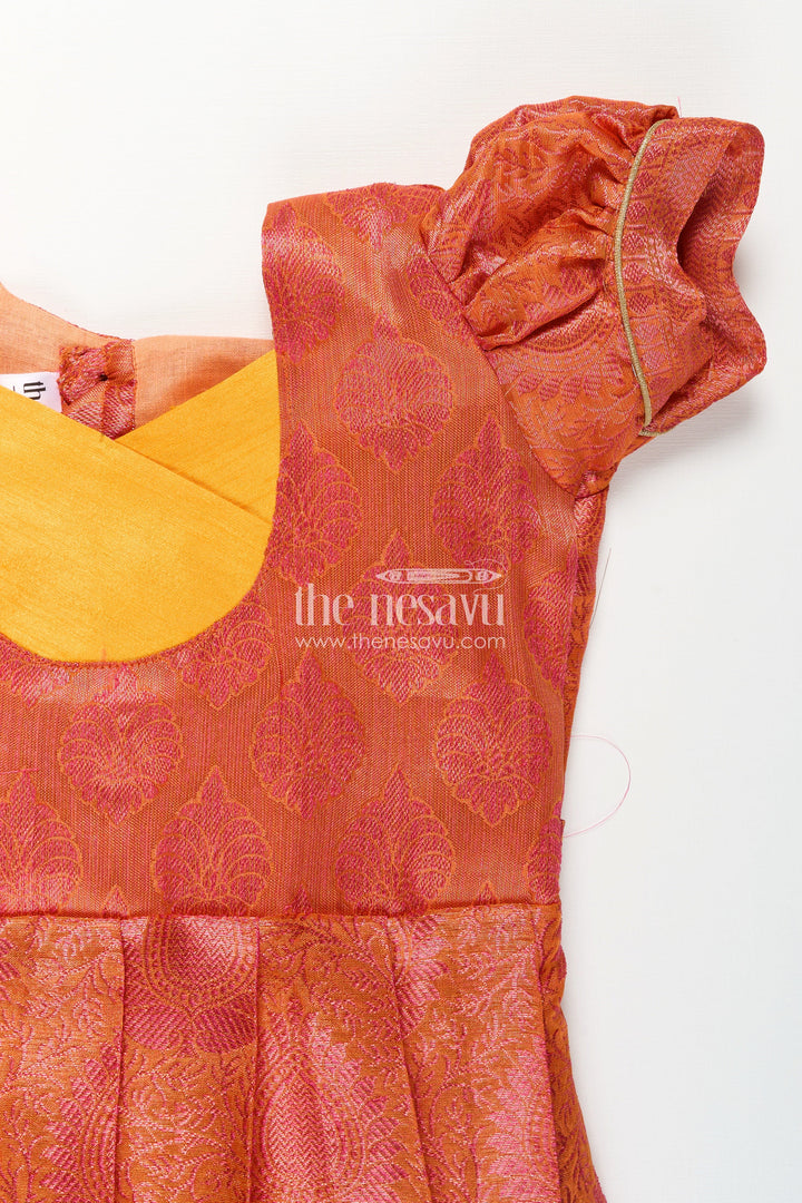 The Nesavu Silk Frock Girls Semi Silk Pure Silk Frock in Orange with Yellow Yoke and Brocade Pleated Skirt Nesavu Nesavu Girls Semi Silk Pure Silk Frock Orange Yellow Yoke Traditional Brocade Detailing