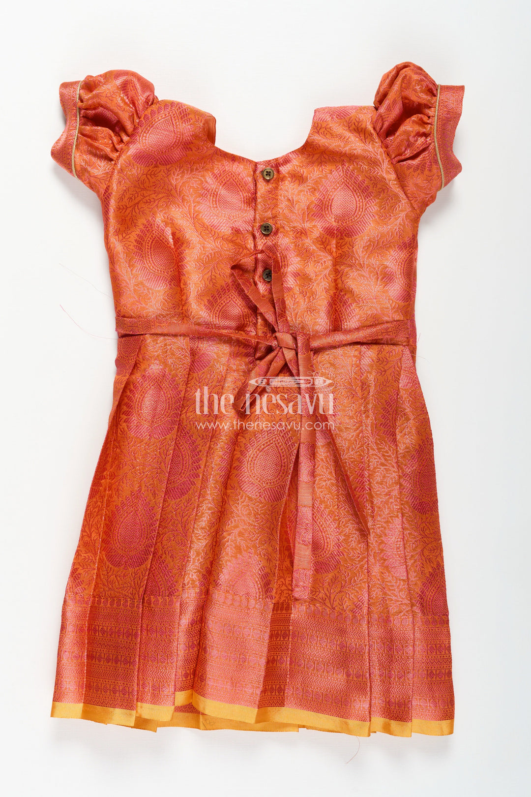 The Nesavu Silk Frock Girls Semi Silk Pure Silk Frock in Orange with Yellow Yoke and Brocade Pleated Skirt Nesavu Nesavu Girls Semi Silk Pure Silk Frock Orange Yellow Yoke Traditional Brocade Detailing