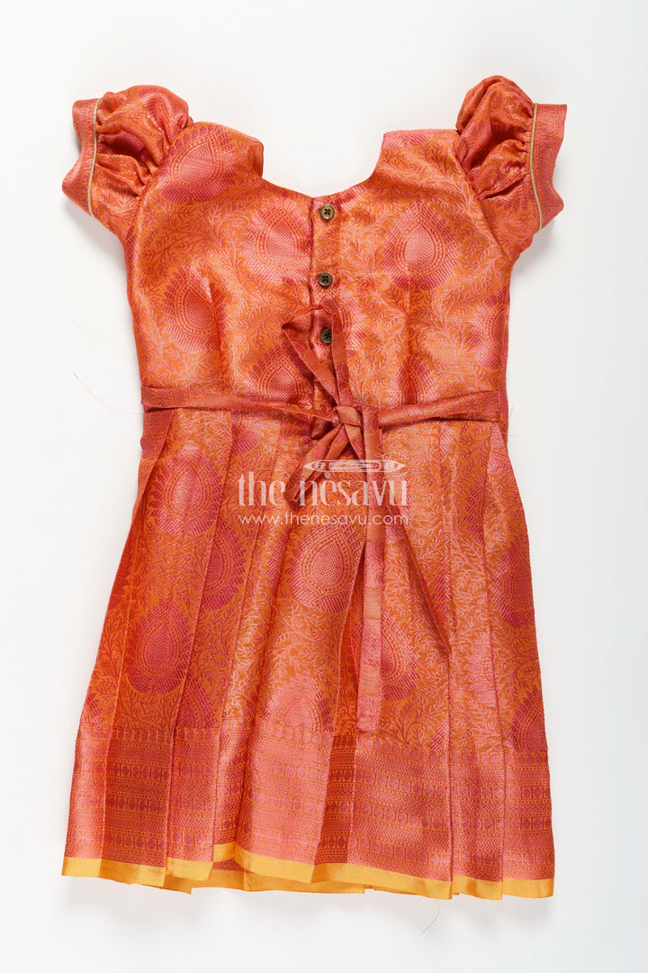 The Nesavu Silk Frock Girls Semi Silk Pure Silk Frock in Orange with Yellow Yoke and Brocade Pleated Skirt Nesavu Nesavu Girls Semi Silk Pure Silk Frock Orange Yellow Yoke Traditional Brocade Detailing