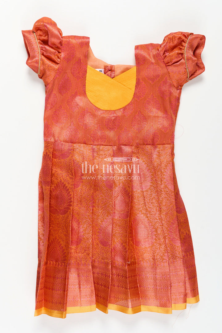 The Nesavu Silk Frock Girls Semi Silk Pure Silk Frock in Orange with Yellow Yoke and Brocade Pleated Skirt Nesavu Nesavu Girls Semi Silk Pure Silk Frock Orange Yellow Yoke Traditional Brocade Detailing
