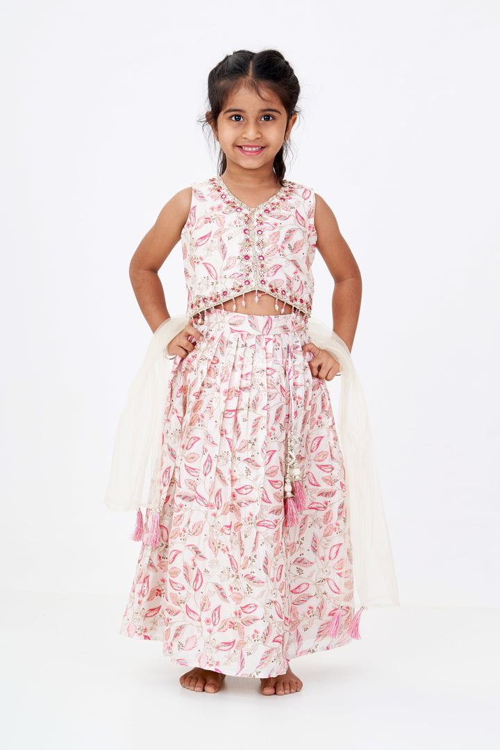 The Nesavu Girls Lehenga Choli Girls Shadi Lehenga with Embroidered Choli and Floral Tassel Accents in Ivory and Pink Nesavu Girls Shadi Lehenga Embroidered Choli Floral Tassel Accents Ivory Pink | The Nesavu