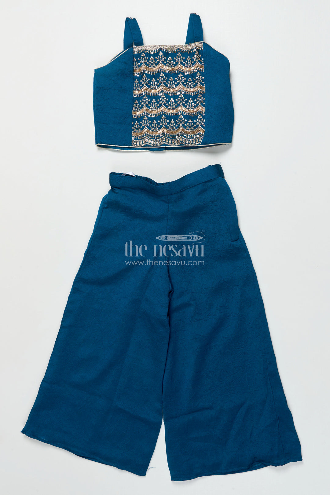 The Nesavu Girls Sharara / Plazo Set Girls Sharara and Shrug Set with Embroidery for Festive Family Functions Nesavu Nesavu girls sharara set embroidered shrug designer yoke festive occasions