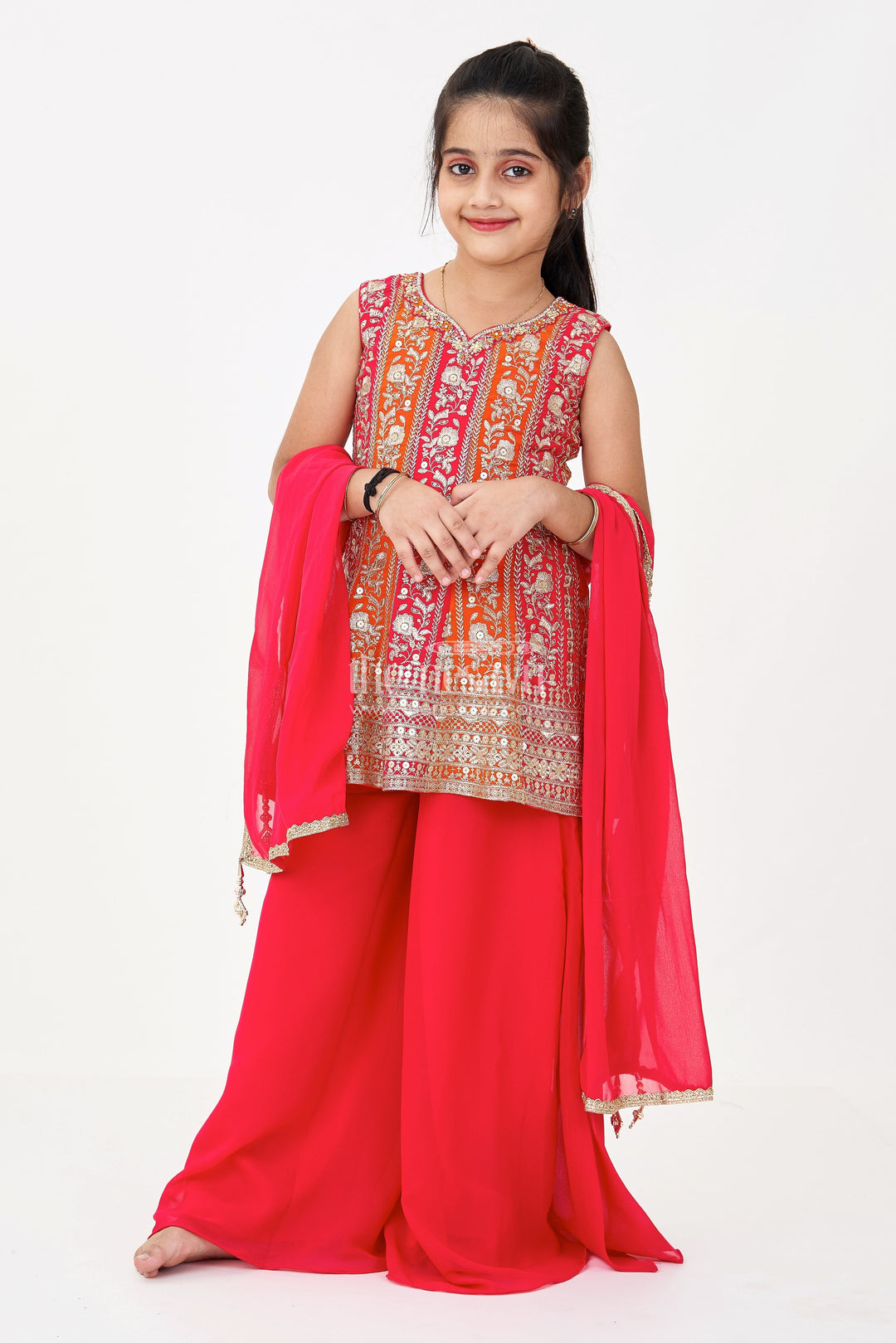 The Nesavu Girls Sharara / Plazo Set Girls Sharara Design in Red Georgette with Sequined Sleeveless Top and Matching Dupatta Nesavu 24 (5Y) / Orange GPS576A-24 Girls Red Sharara Design Set Georgette Flared Pants Embroidered Sleeveless Top | The Nesavu