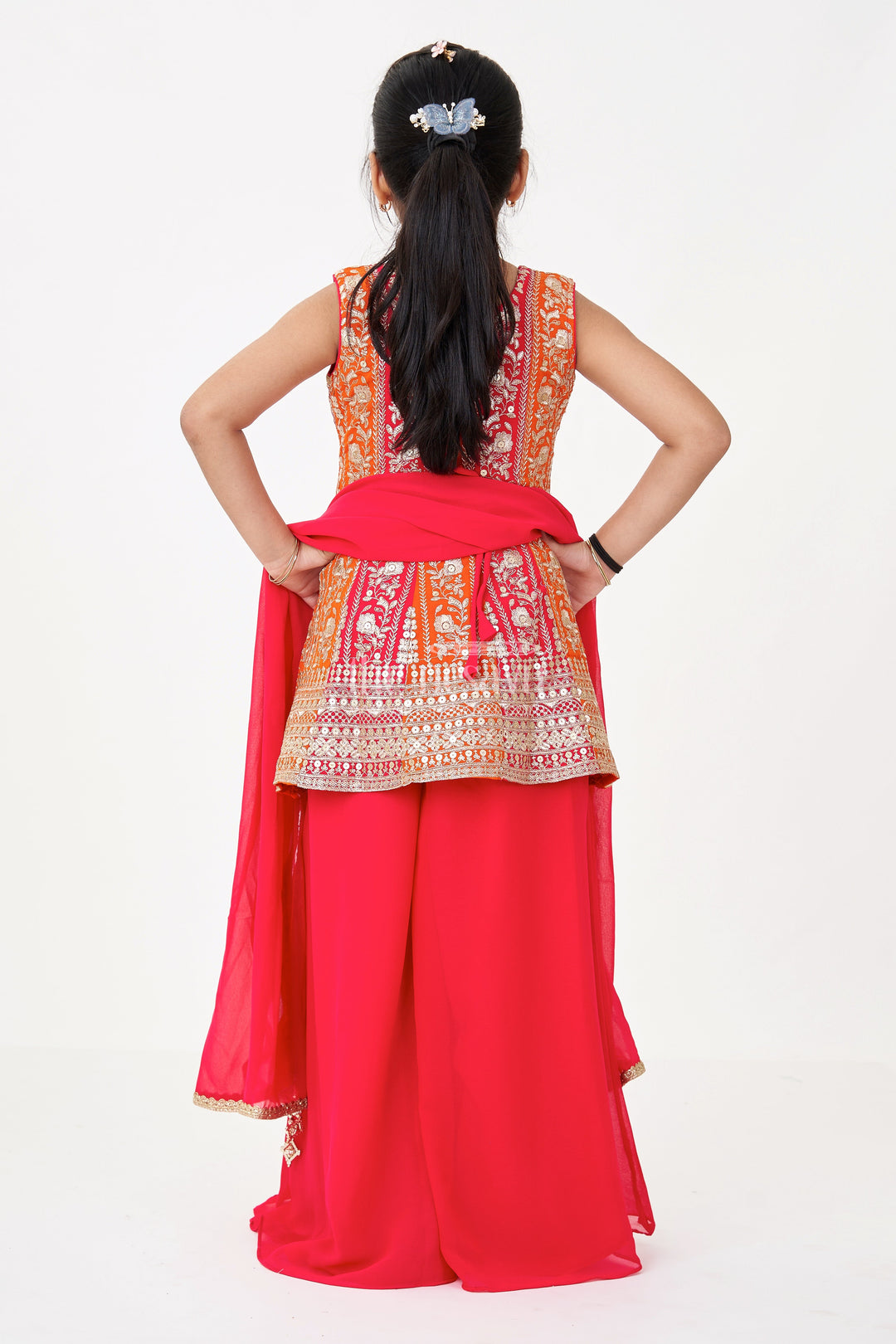 The Nesavu Girls Sharara / Plazo Set Girls Sharara Design in Red Georgette with Sequined Sleeveless Top and Matching Dupatta Nesavu Girls Red Sharara Design Set Georgette Flared Pants Embroidered Sleeveless Top | The Nesavu